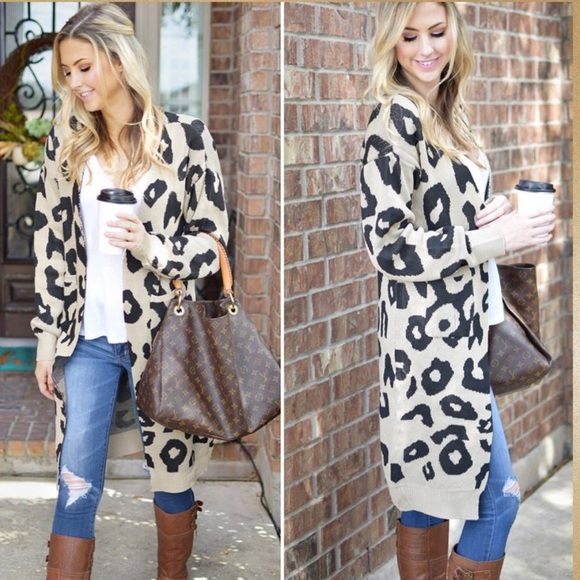 Sweaters - Boutique Leopard Knit Open Front Long Cardigan